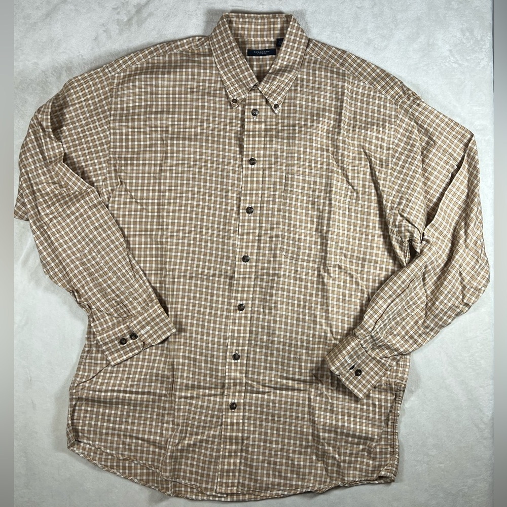 Burberry London XL Authentic Beige Plaid Windowpane Button Down Shirt Cotton